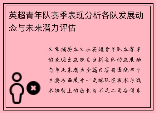 英超青年队赛季表现分析各队发展动态与未来潜力评估
