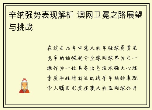 辛纳强势表现解析 澳网卫冕之路展望与挑战